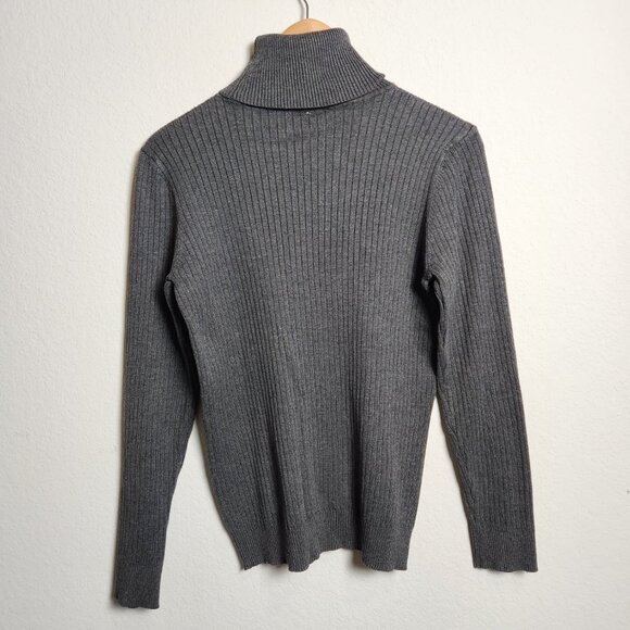 Calvin Klein Grey Ribbed Turtleneck Sweater with Button Sleeves - Picture 2 of 7